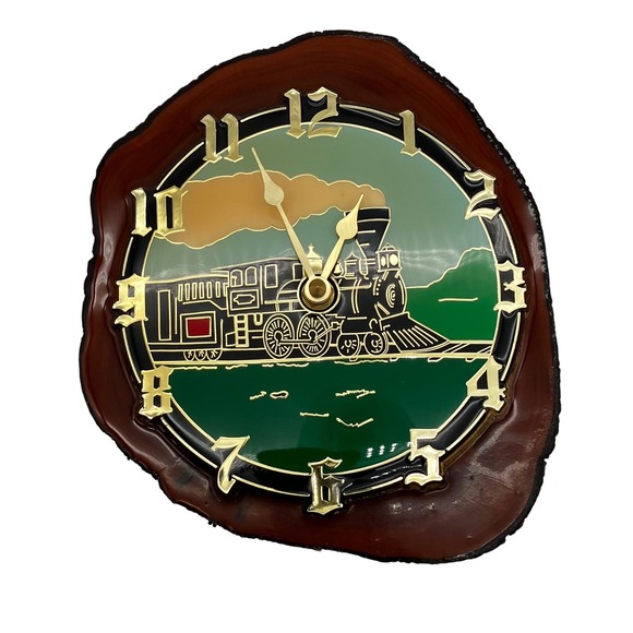 Ramar Industries Inc. Other - Ramar Industries Wall Clock Wood Slice VTG Brown Train Locomotive Handcrafted
